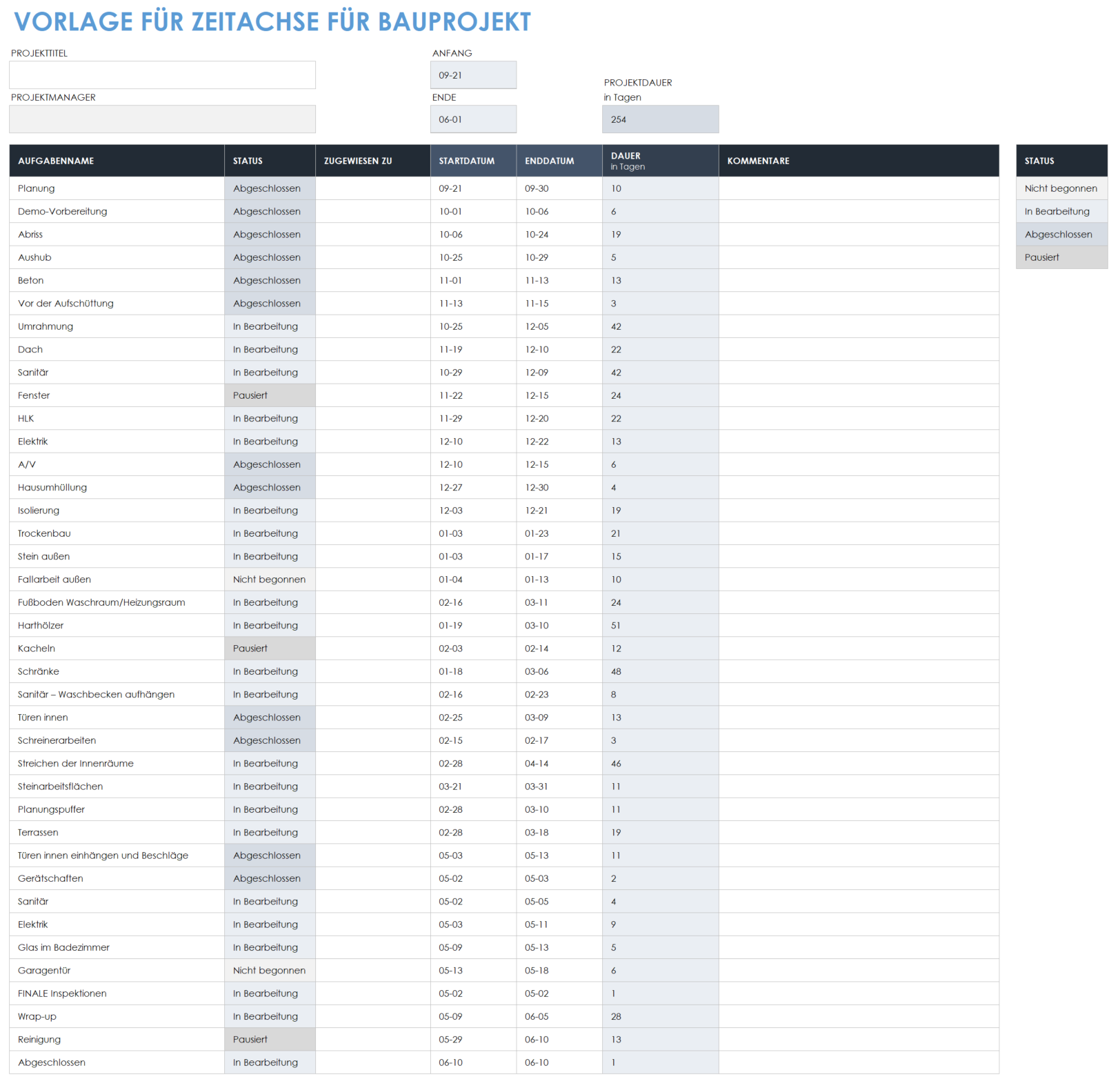 Vorlage für einen Bauprojekt-Zeitplan