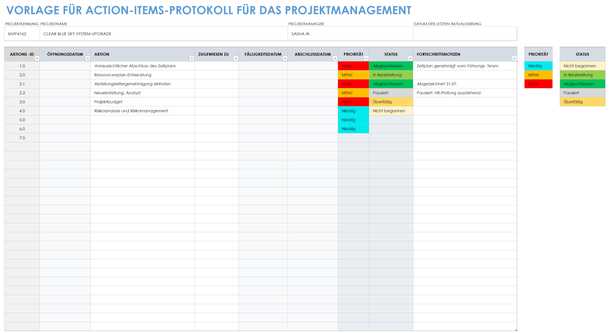 Projektmanagement-Aktionselement-Protokollvorlage