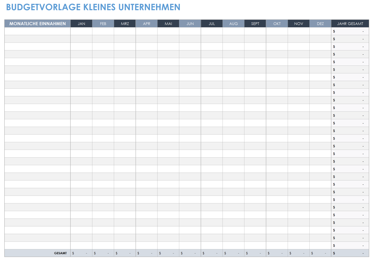 Budgetvorlage für Kleinunternehmen