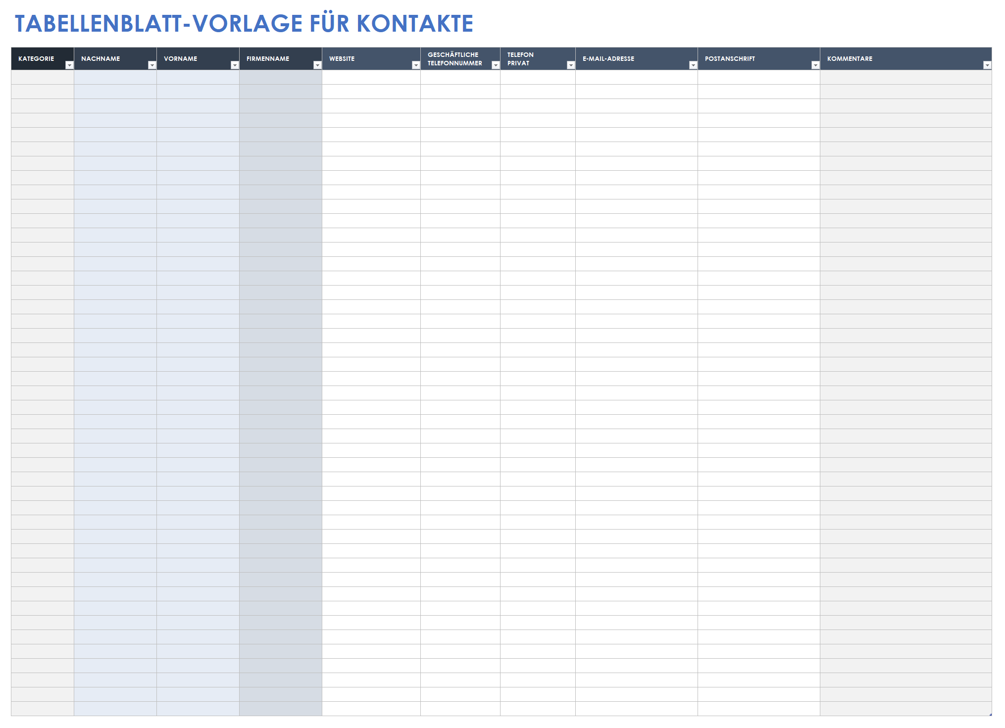  Kontakt-Tabellenvorlage