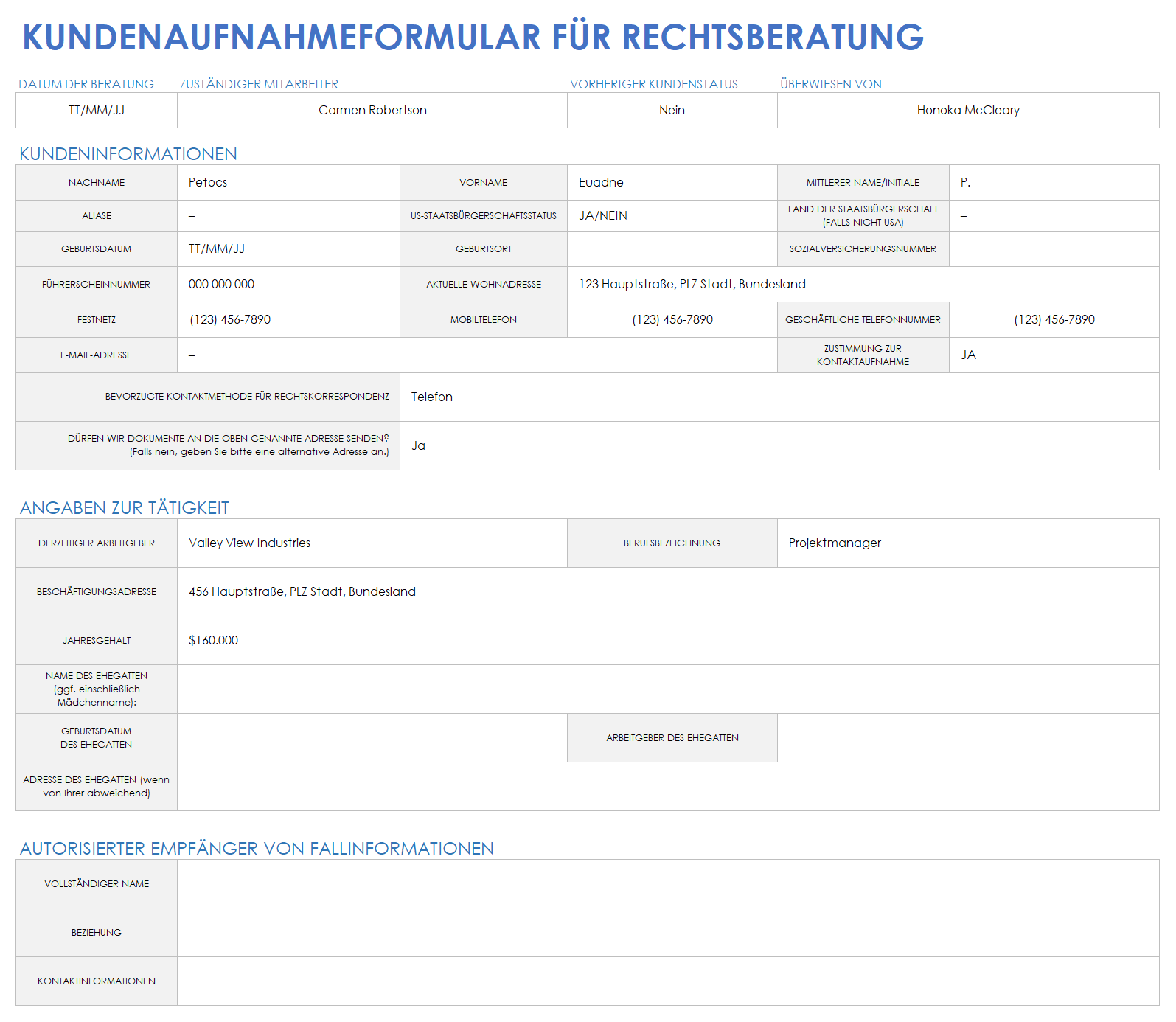 Vorlage für das Aufnahmeformular für Rechtsmandanten