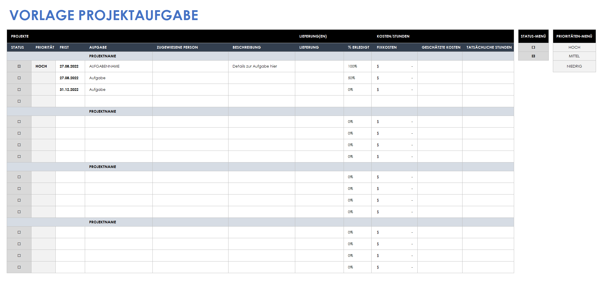  Vorlage für mehrere Projektaufgaben