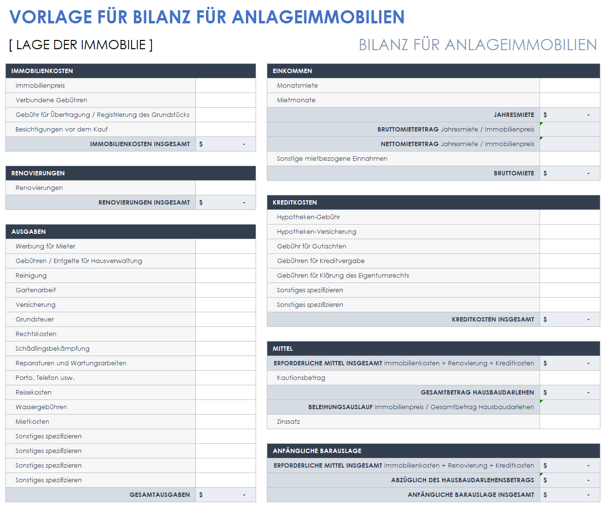  Vorlage für die Bilanz einer Anlageimmobilie