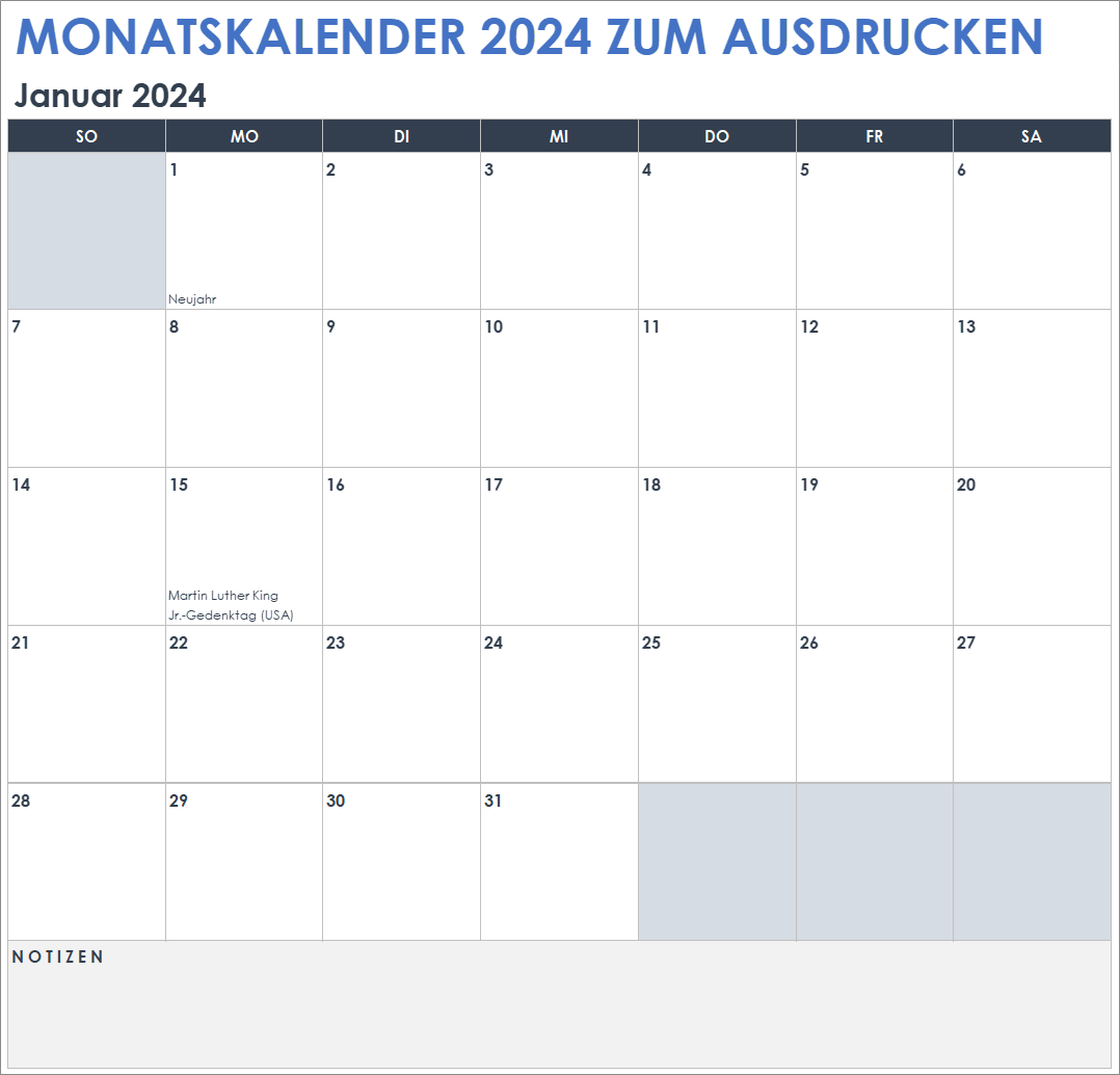  Vorlage für einen Monatskalender zum Ausdrucken 2024