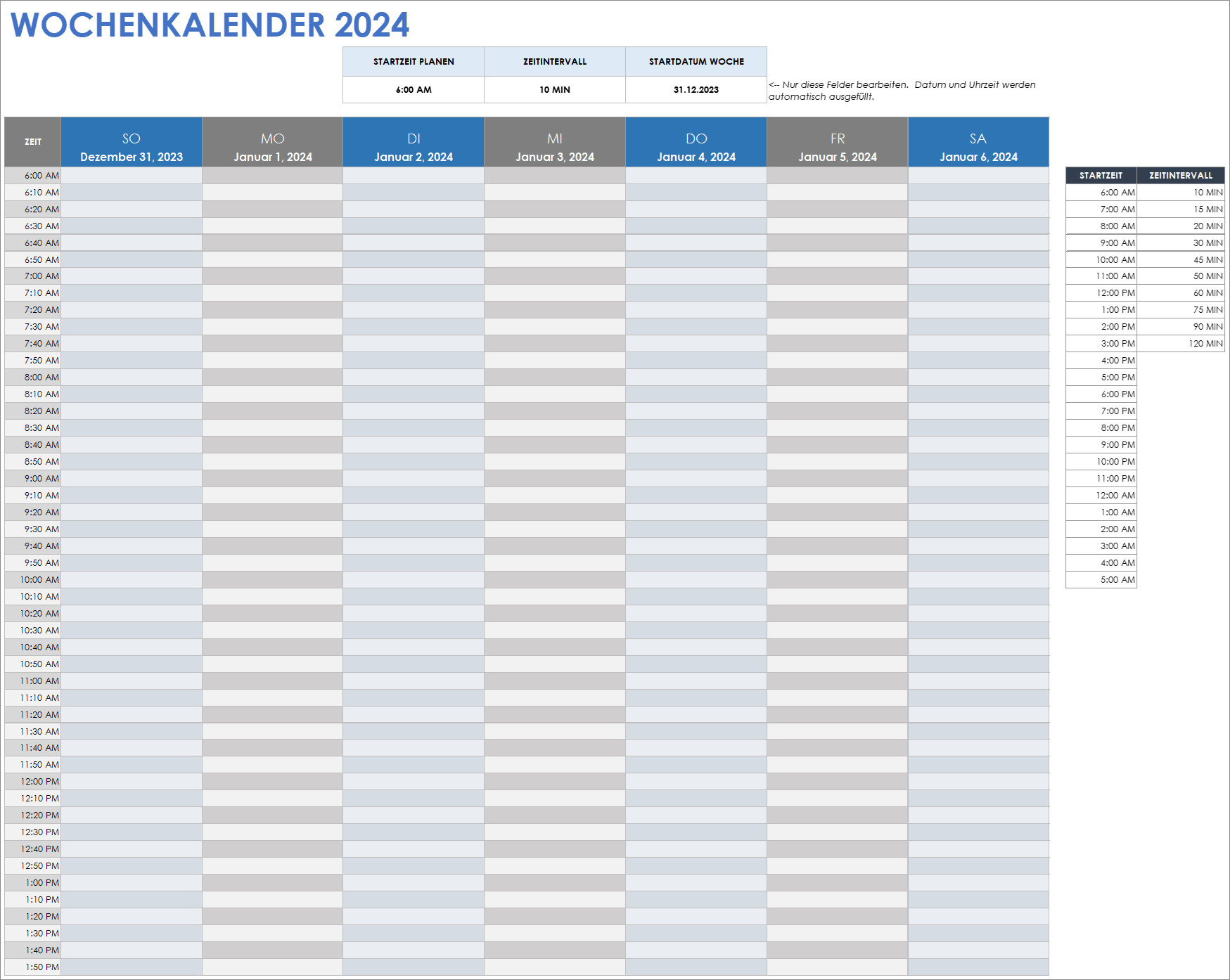  Vorlage für den Wochenkalender 2024