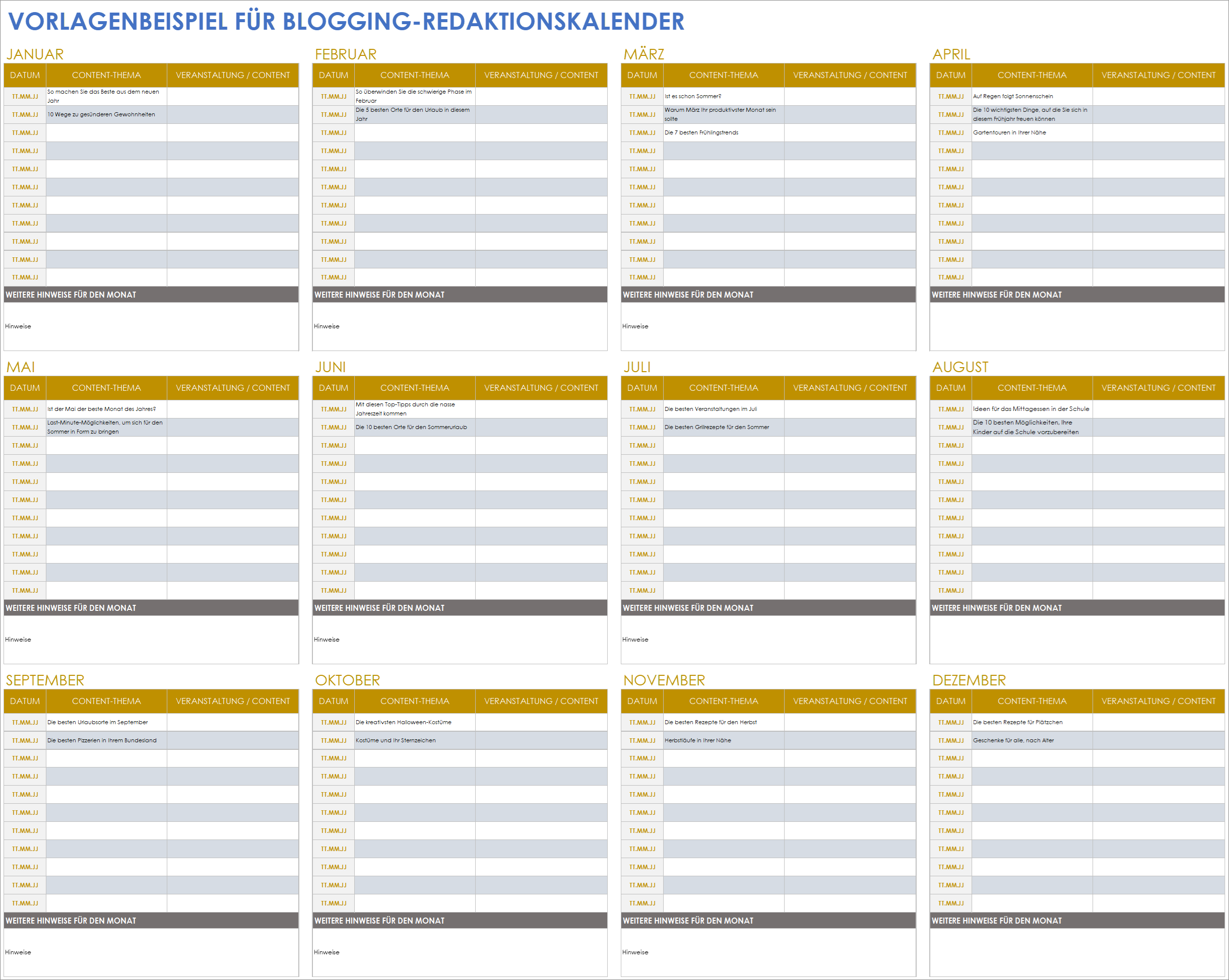  Vorlage für einen redaktionellen Blogging-Kalender