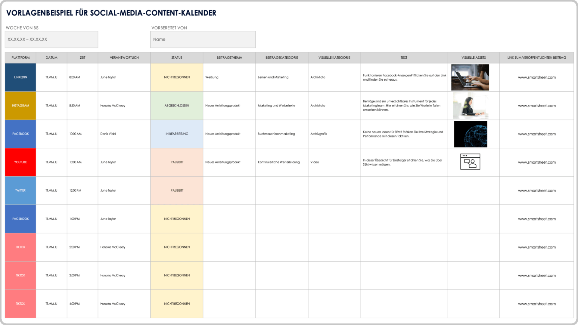 Beispielvorlage für einen Social-Media-Inhaltskalender