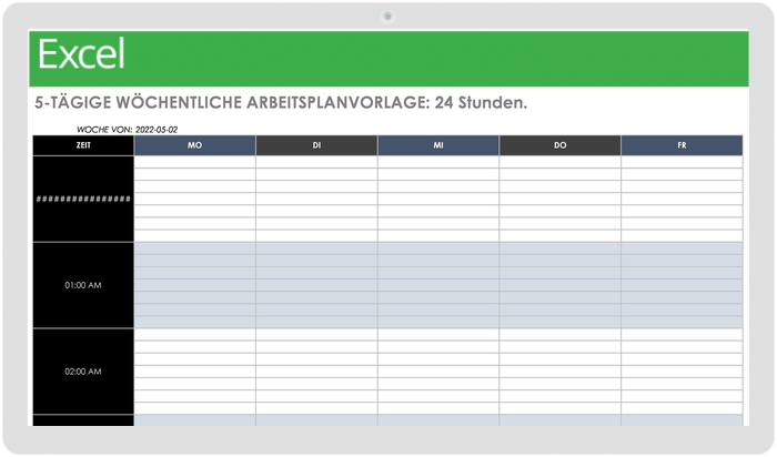 Vorlage für einen 5-Tage-24-Stunden-Wochenarbeitsplan