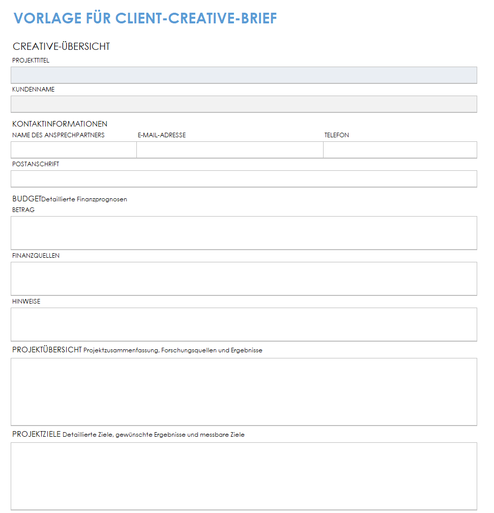 Vorlage für kreative Briefings für Kunden