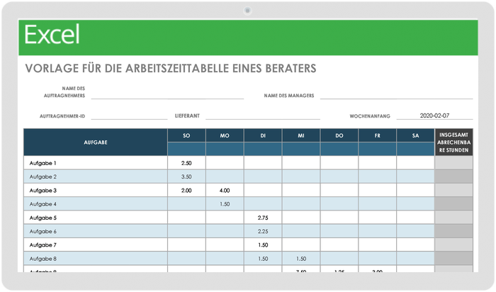 Vorlage für Arbeitszeittabellen für Berater