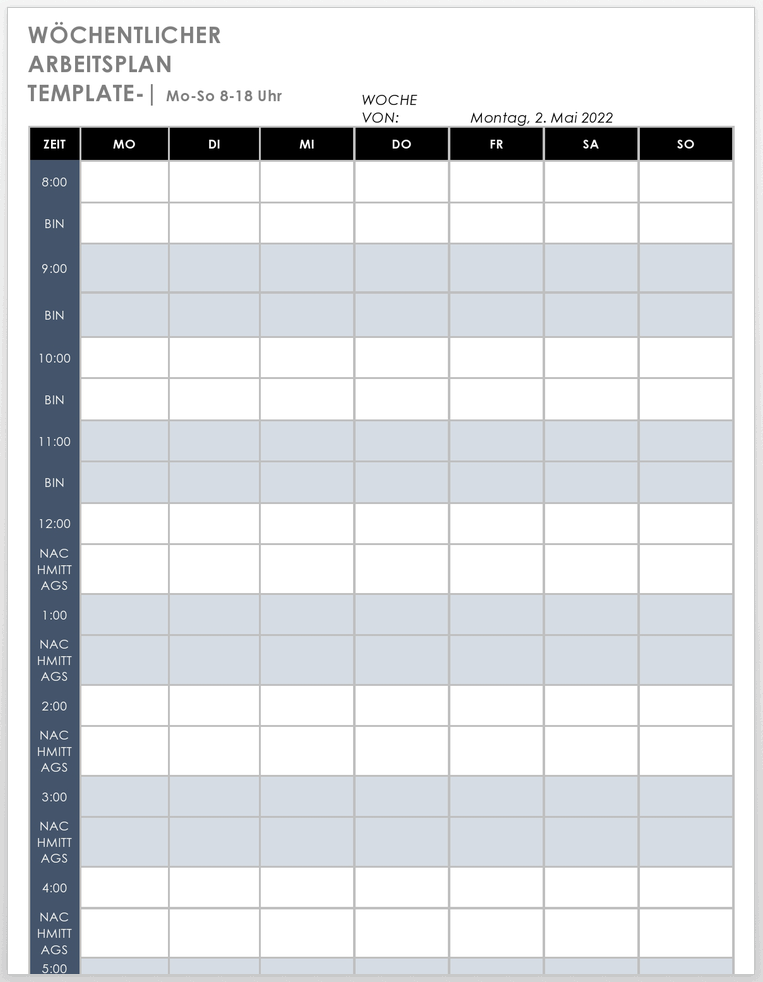 Mo-So 20-18 Uhr Wochenplanvorlage