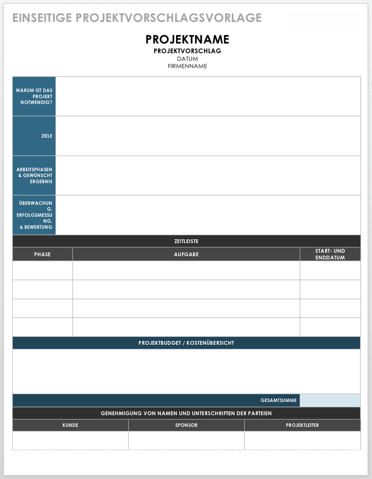  Projektvorschlagsvorlage auf einer Seite