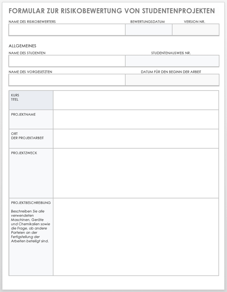  Vorlage für das Formular zur Risikobewertung von Studentenprojekten