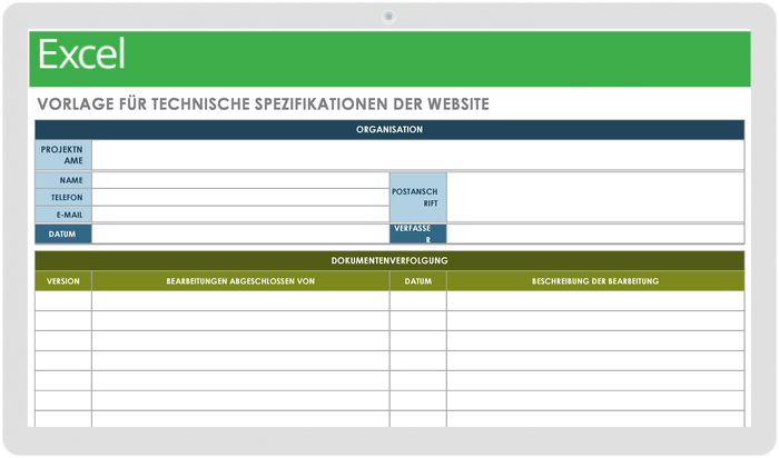 Vorlage für technische Spezifikationen der Website